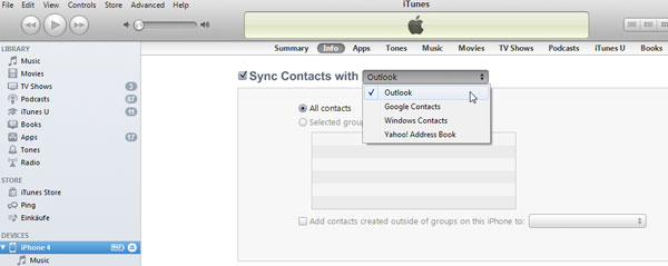 itunes sync outlook contacts selected groups